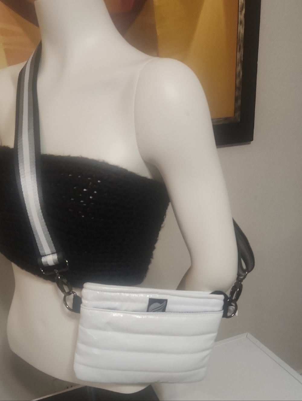 THINK ROYLN White Quilted Crossbody with Black-and-Gray Stripe Strap